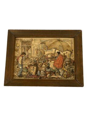 Vintage Anton Pieck 3D Cut Paper Framed Wall Art 1966 Street Side Flea Market